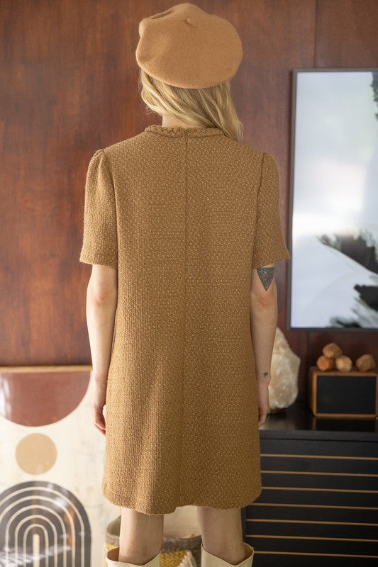 Braid Neck Pocket Tweed Dress