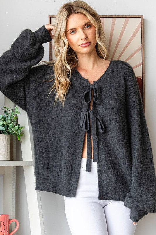 Fuzzy Front Tie Knit Cardigan