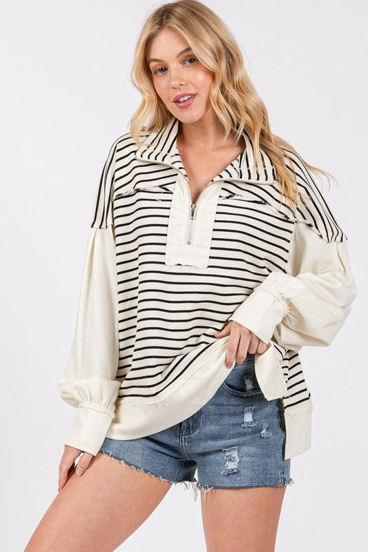 Striped Half Zip Mix Sweatshirt