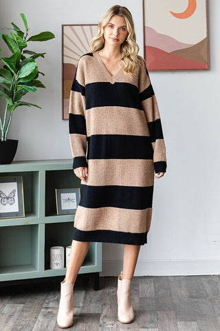 Woman wearing Striped Knit Sweater Dress