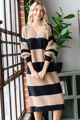 Woman smiling wearin Striped Knit Sweater Dress