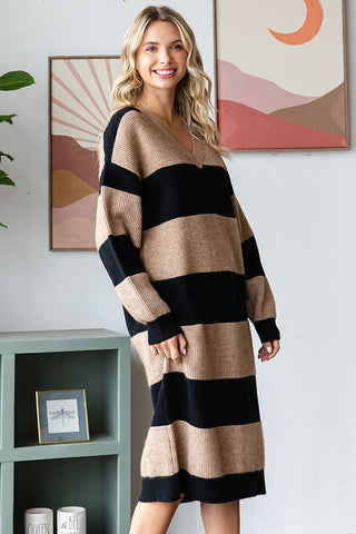 Wearing with side view of Striped Knit Sweater Dress