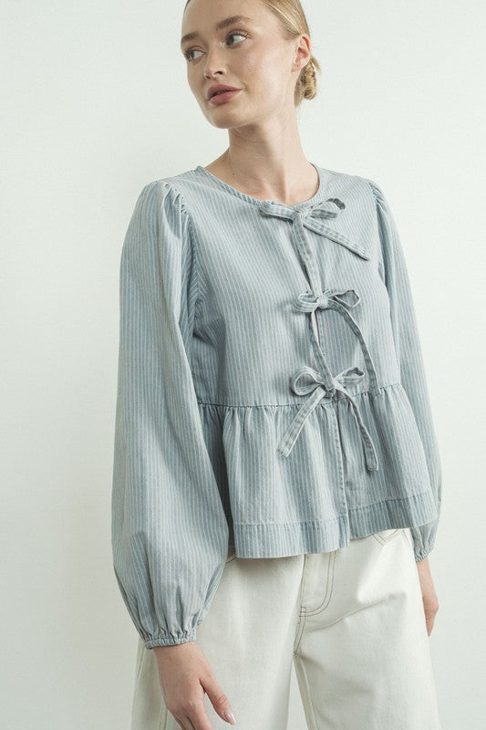 Long Sleeve Denim Bow Tie Blouse