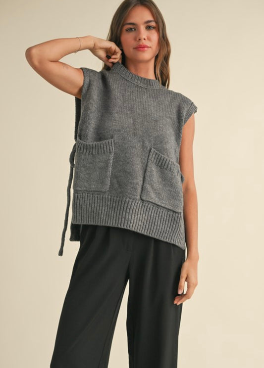 Sleeveless Pocket Detail Tie Sweater Top