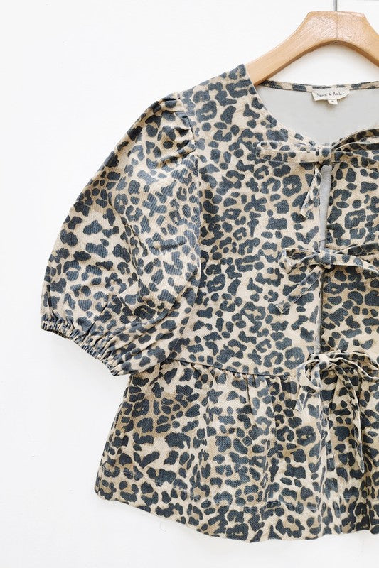 Animal Print Front Bow Tie Peplum Blouse