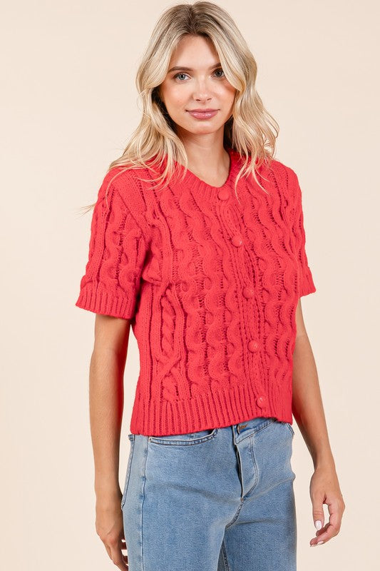 Plus Size Cable Knit Short Sleeve Cardigan