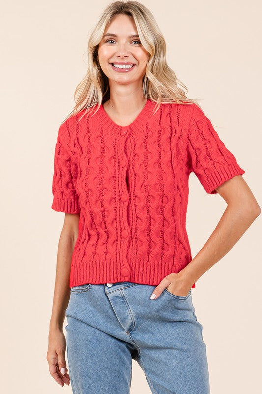 Plus Size Cable Knit Short Sleeve Cardigan