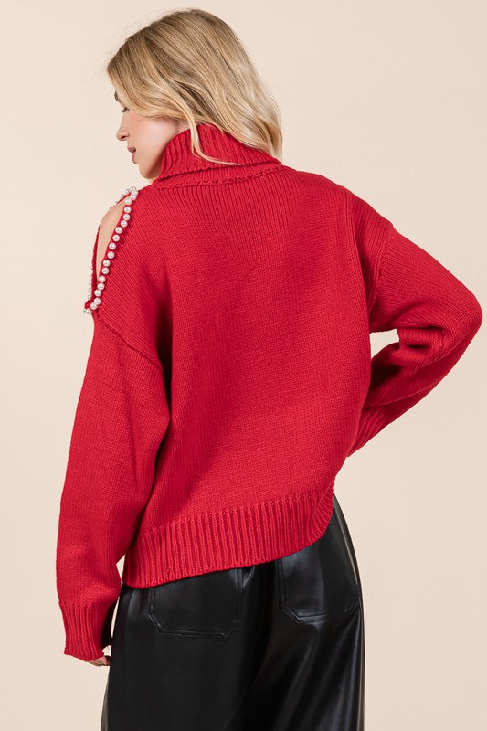 Turtleneck Sweater w/ Pearl Details