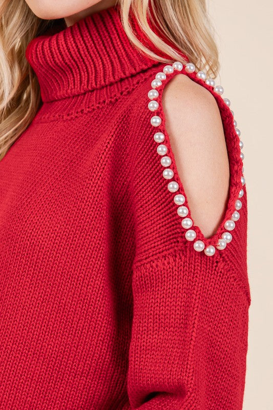 Turtleneck Sweater w/ Pearl Details