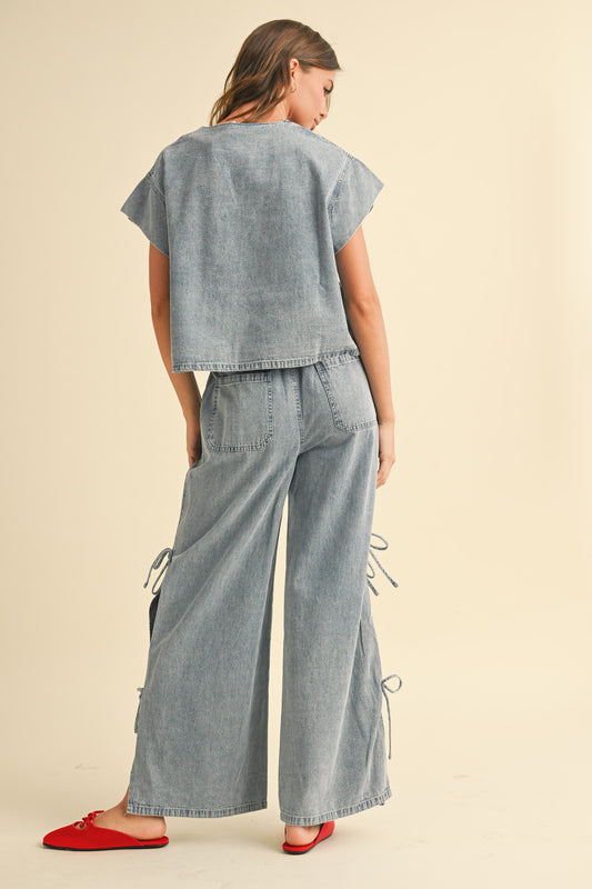 Marlie Denim Front Bow Tie Blouse