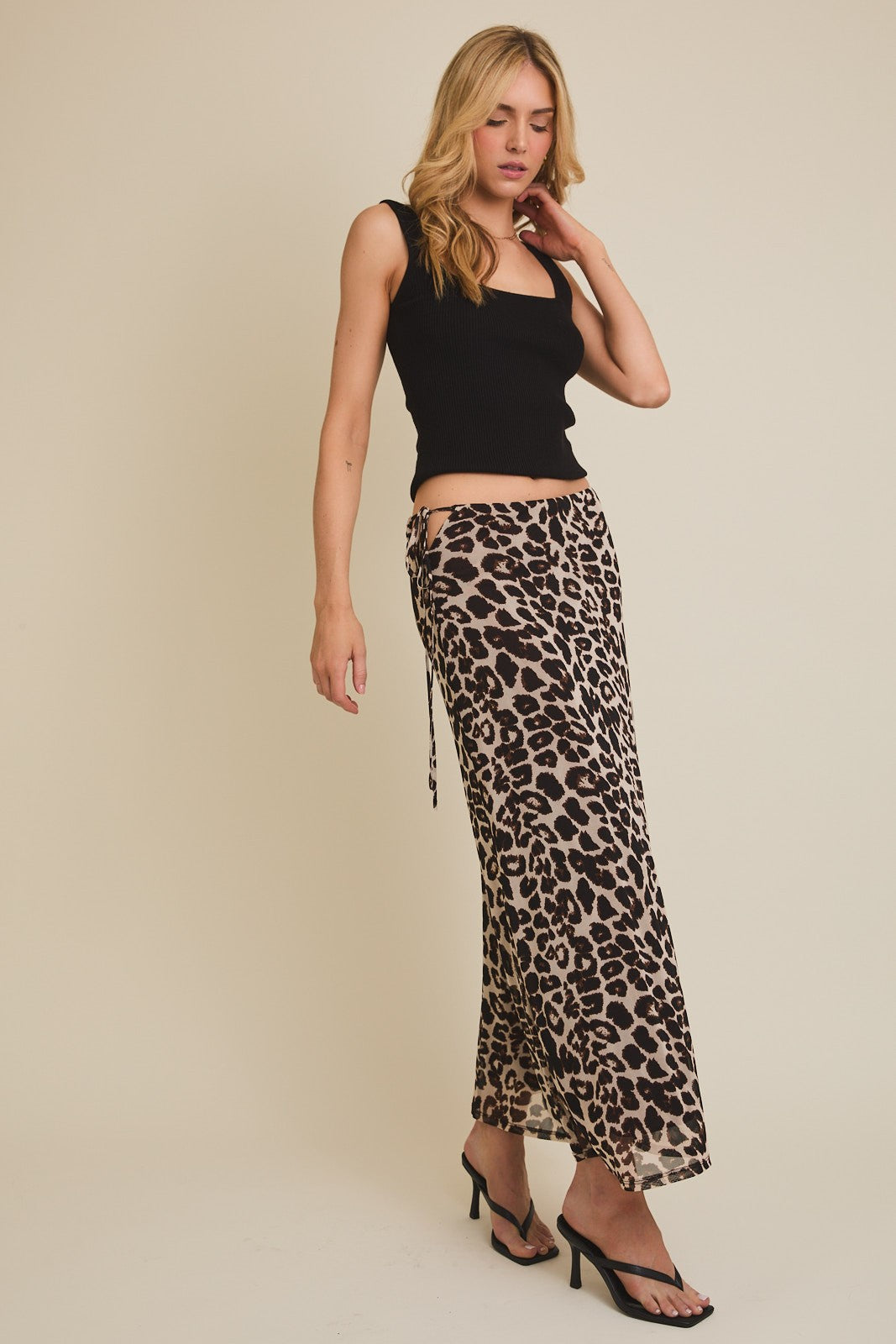 Leopard Front Tie Slit Skirt