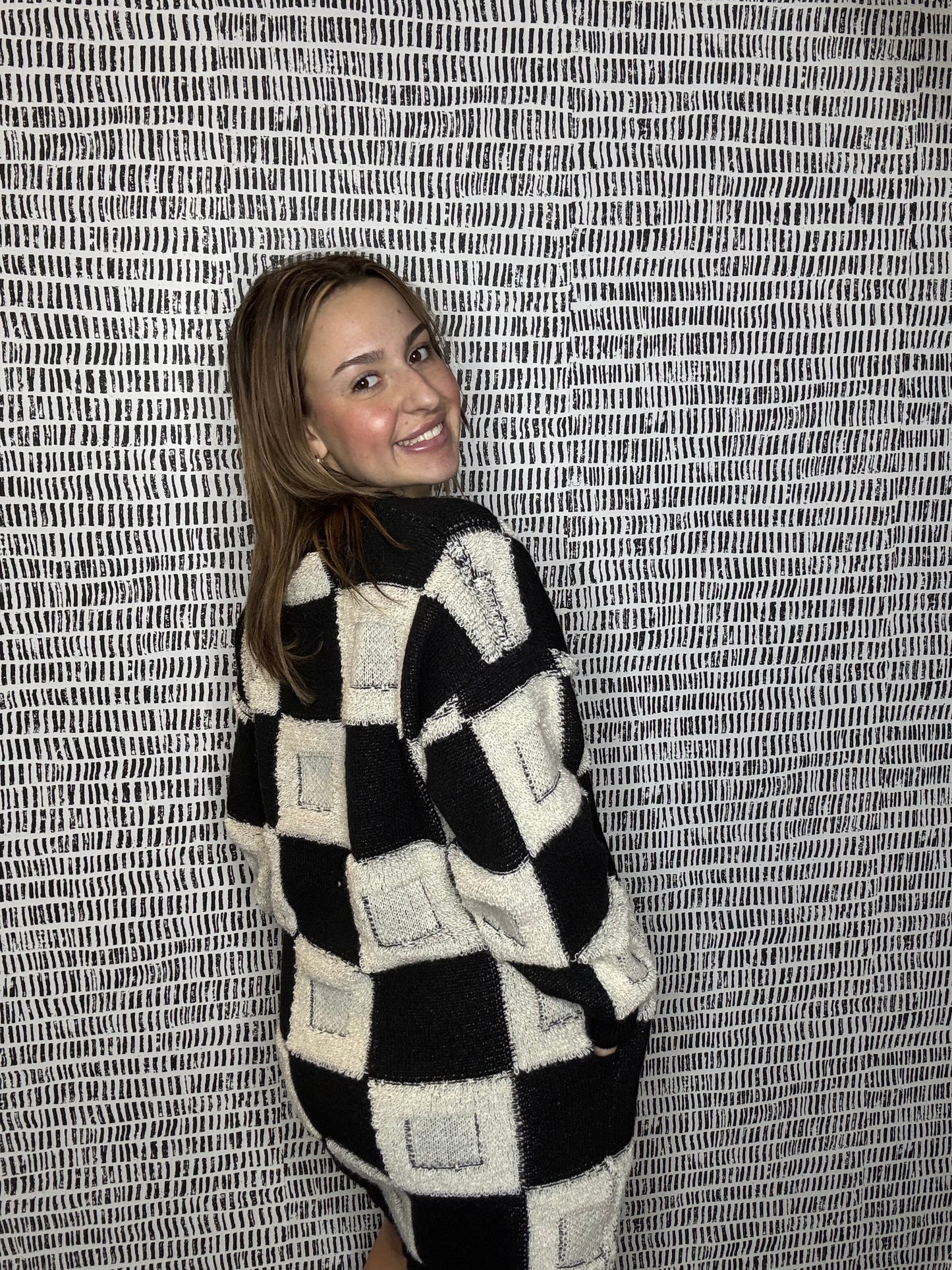 Fuzzy Checkered Mini Sweater Dressu