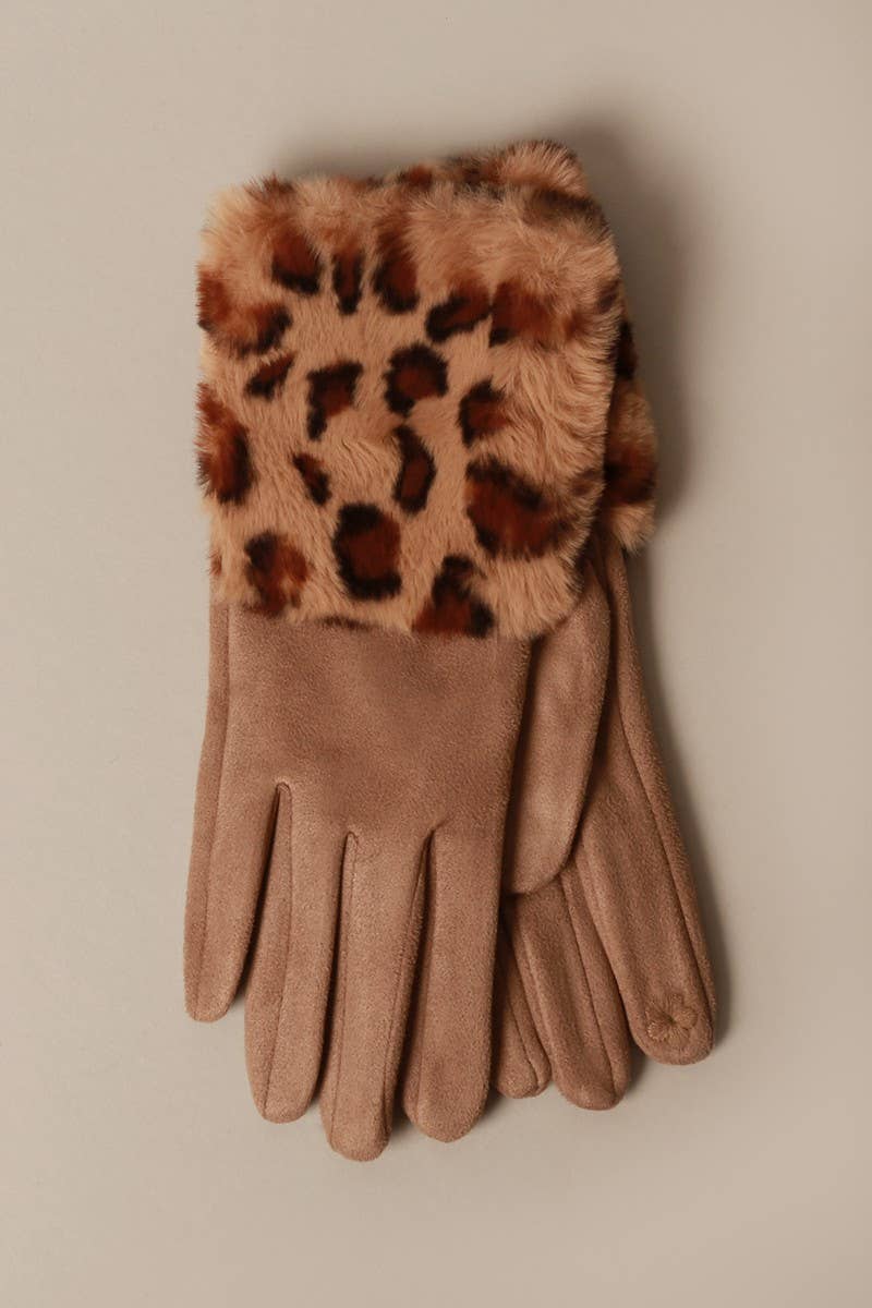 Solid Suede w Faux Animal fur Cuff Smart Gloves