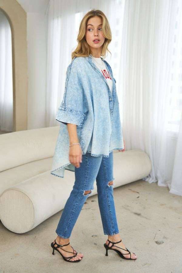 Plus Washed Denim Stand Collar Oversized Shirt