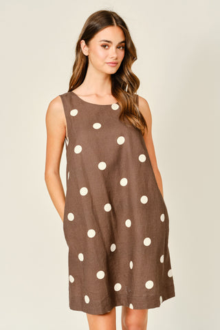 Mocha Latte Linen Polka Dot Mini Dress