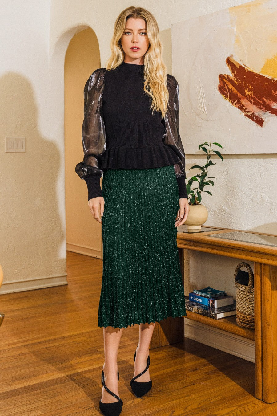 Faith Pleated Metallic Knit Midi Skirt