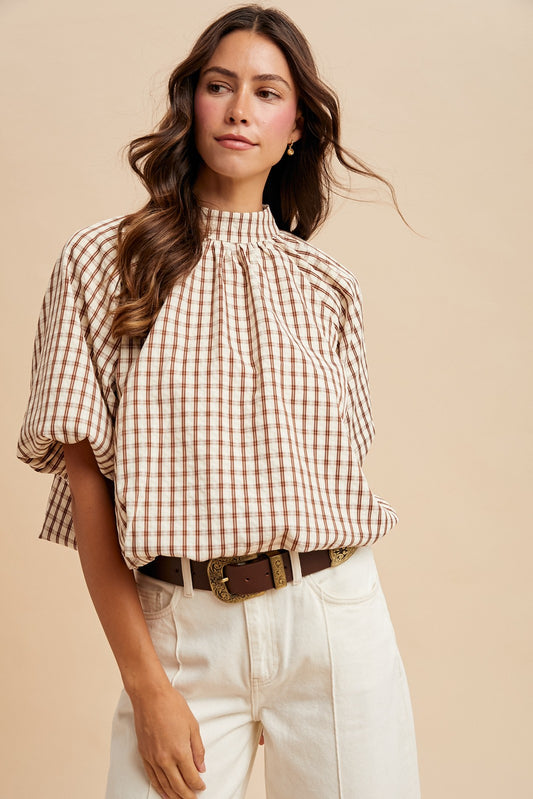 Chesney Checker Back Bow Detail Bubble Blouse