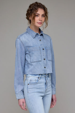 Hidden Vintage Wash Cropped Denim Shirt