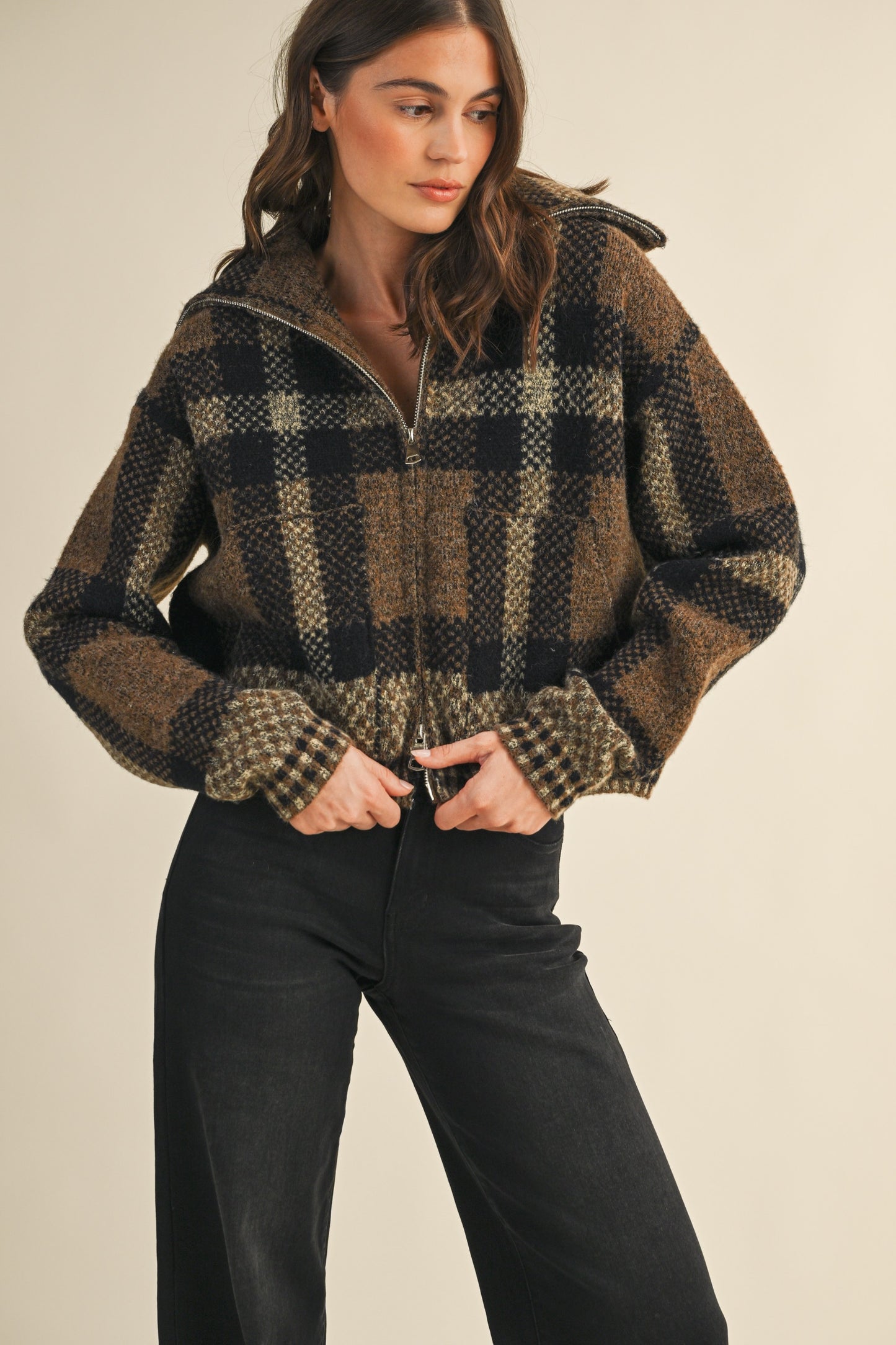 Chelly Checkered Fuzzy Sweater Crop Jacket