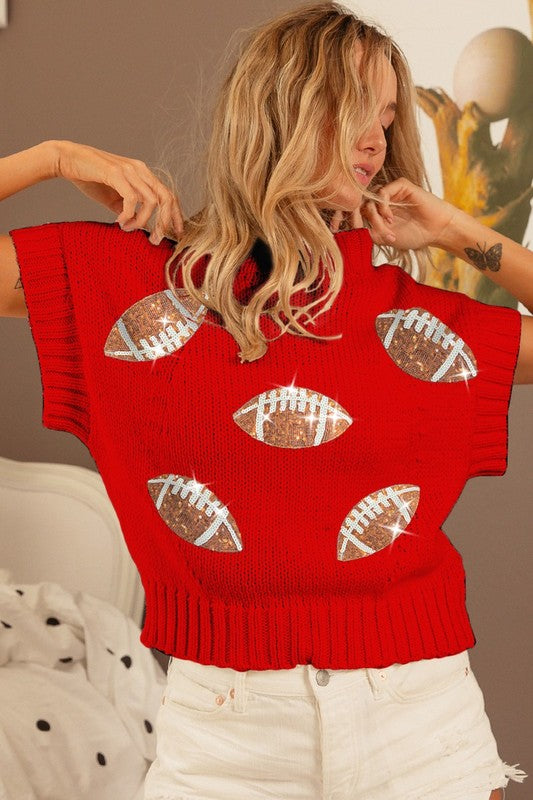 Sequin Football Short Sleeve Sweater