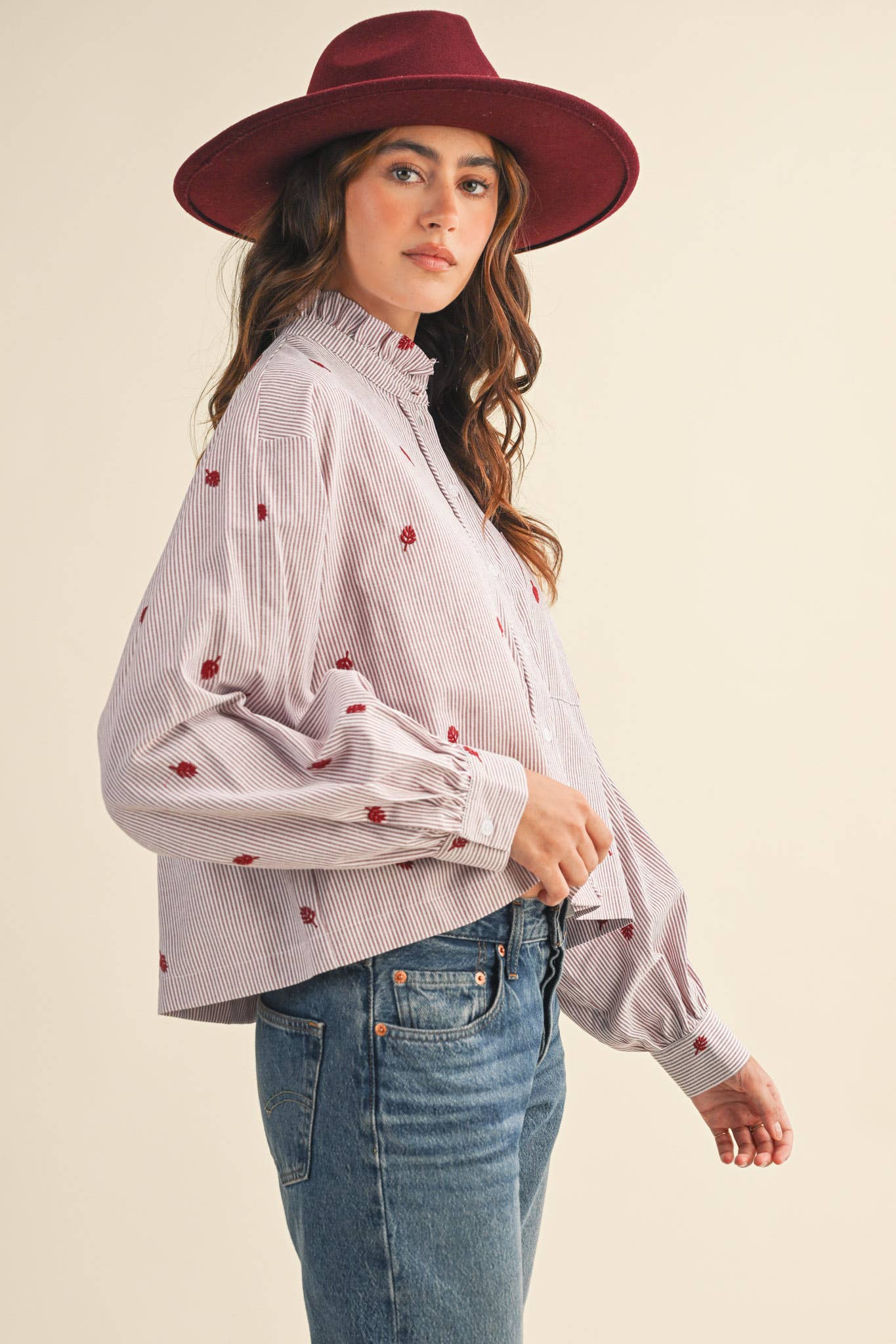 Bradley Embroidered Mock Neck Striped Button Up