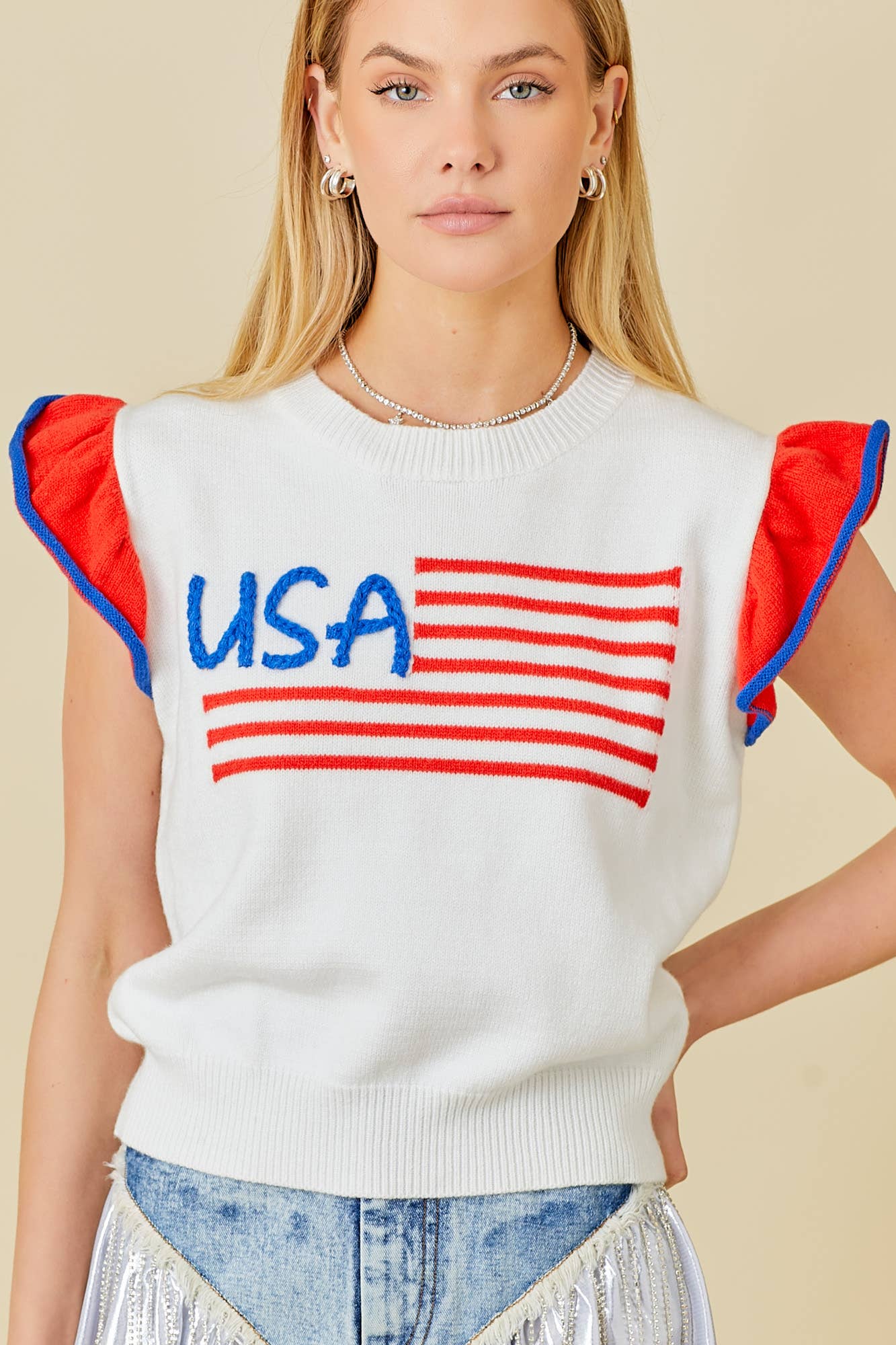 USA Flag Embroidered Sleevless Ruffle Sweater