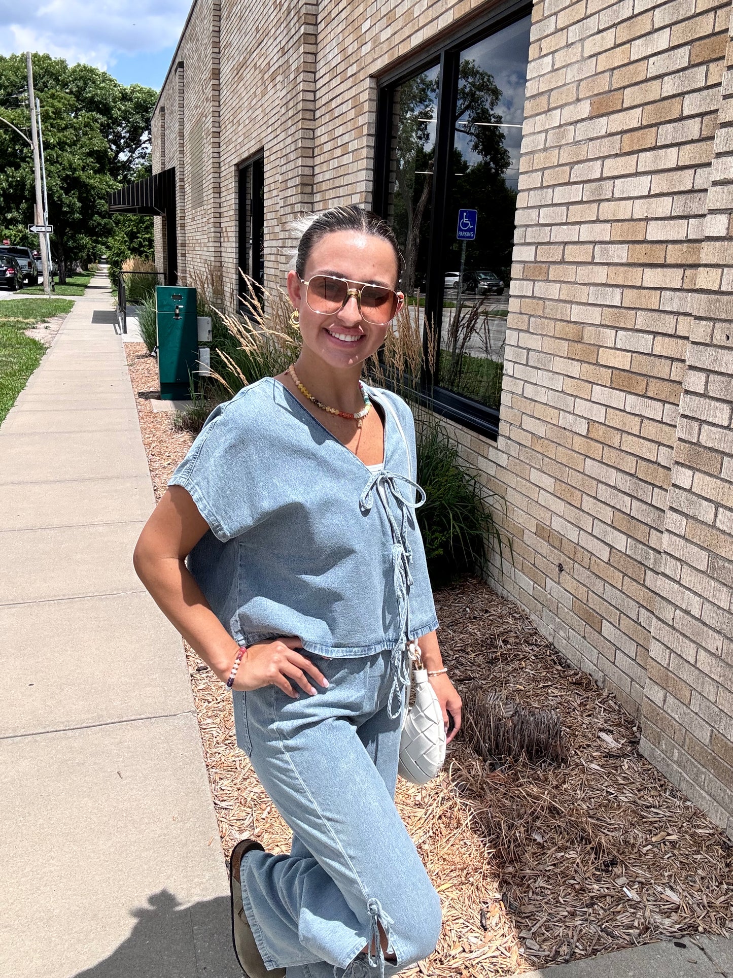 Marlie Denim Front Bow Tie Blouse
