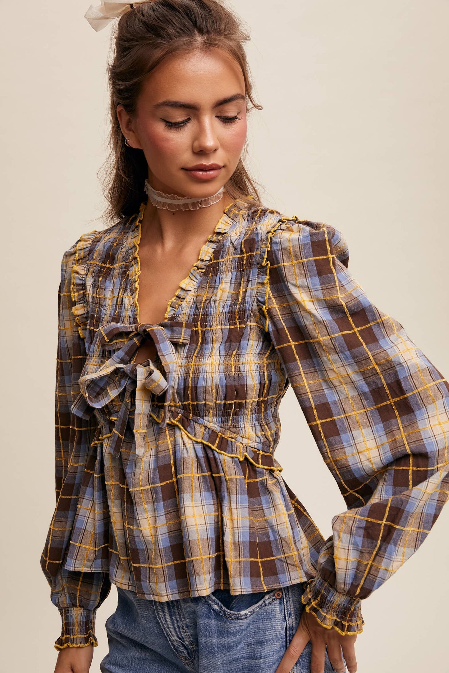 Penelope Smocked Plaid Bow Blouse