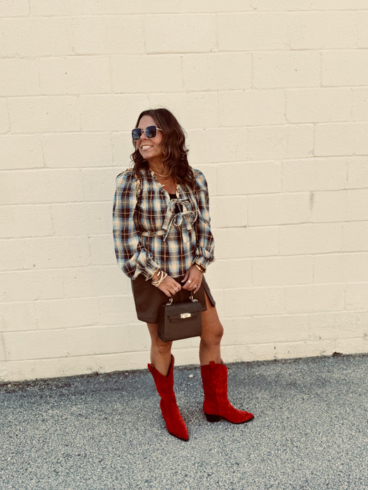 Penelope Smocked Plaid Bow Blouse