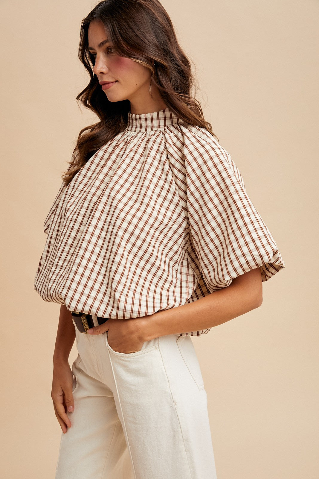 Chesney Checker Back Bow Detail Bubble Blouse