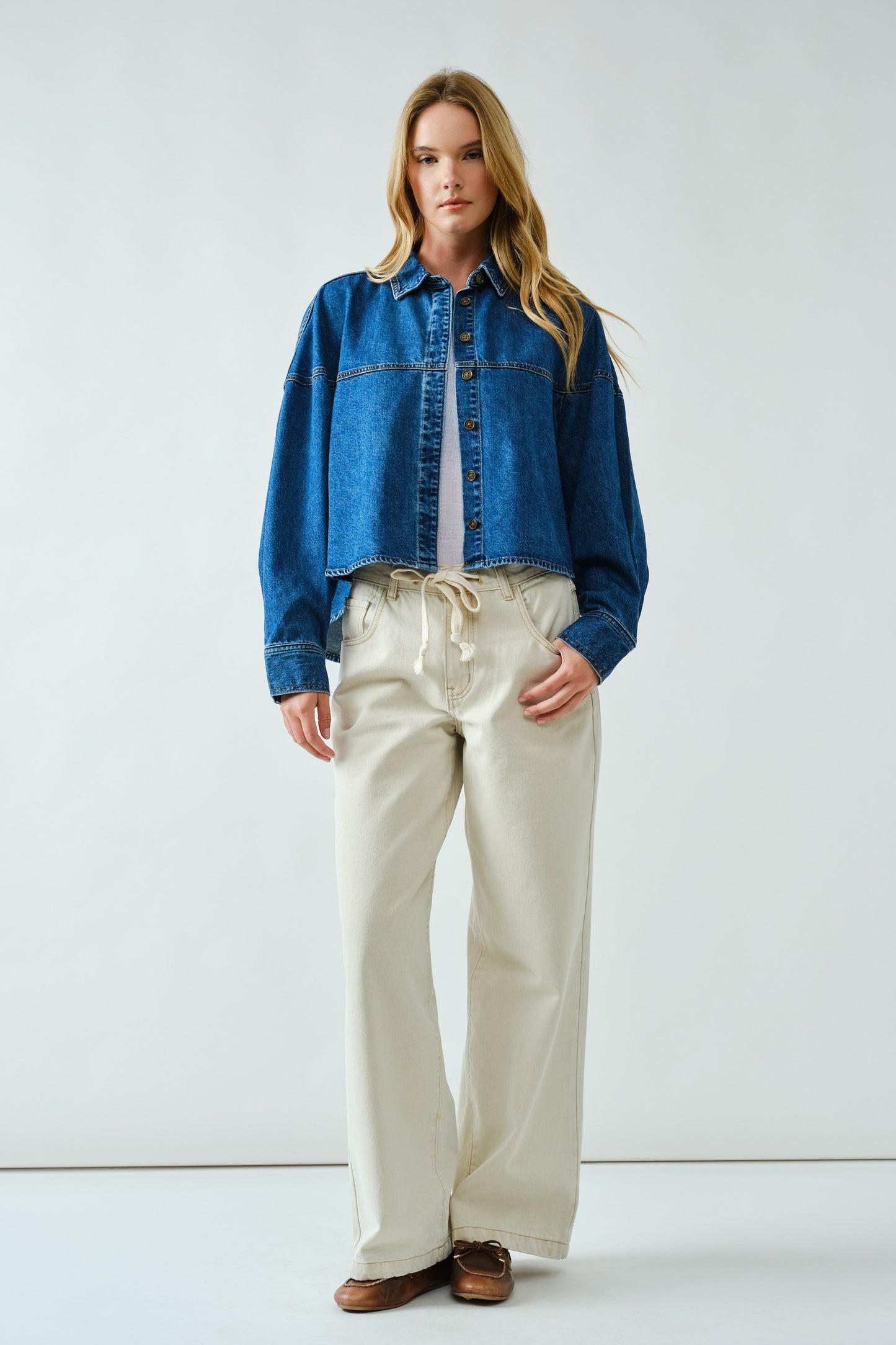Ben Ballon Shoulder Denim Button Up