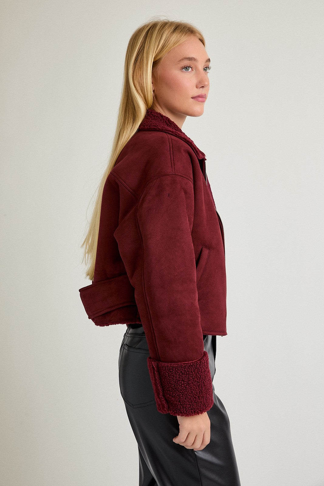 Wine Fur Contrast Zip Up Suede Jacket