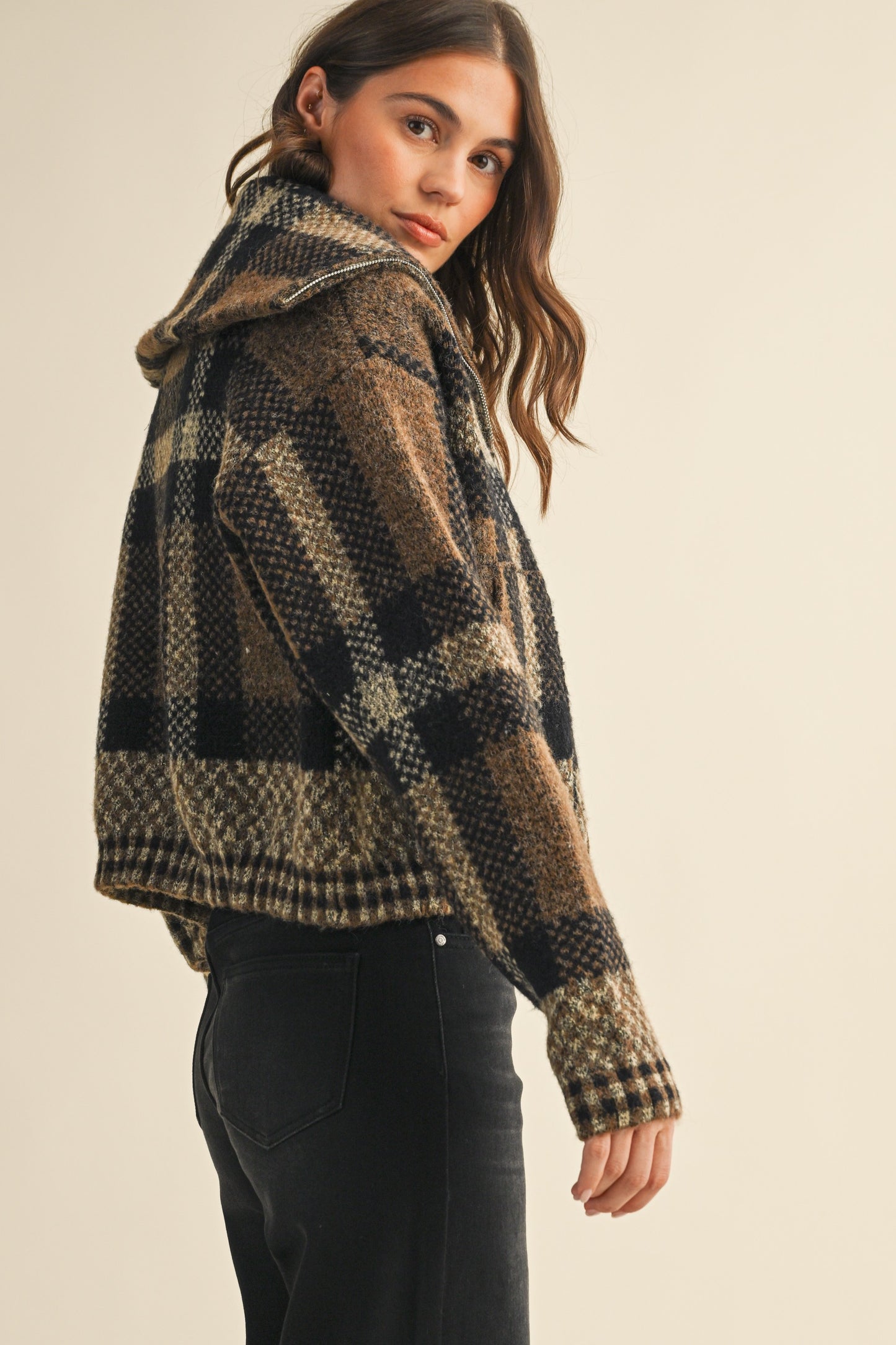 Chelly Checkered Fuzzy Sweater Crop Jacket
