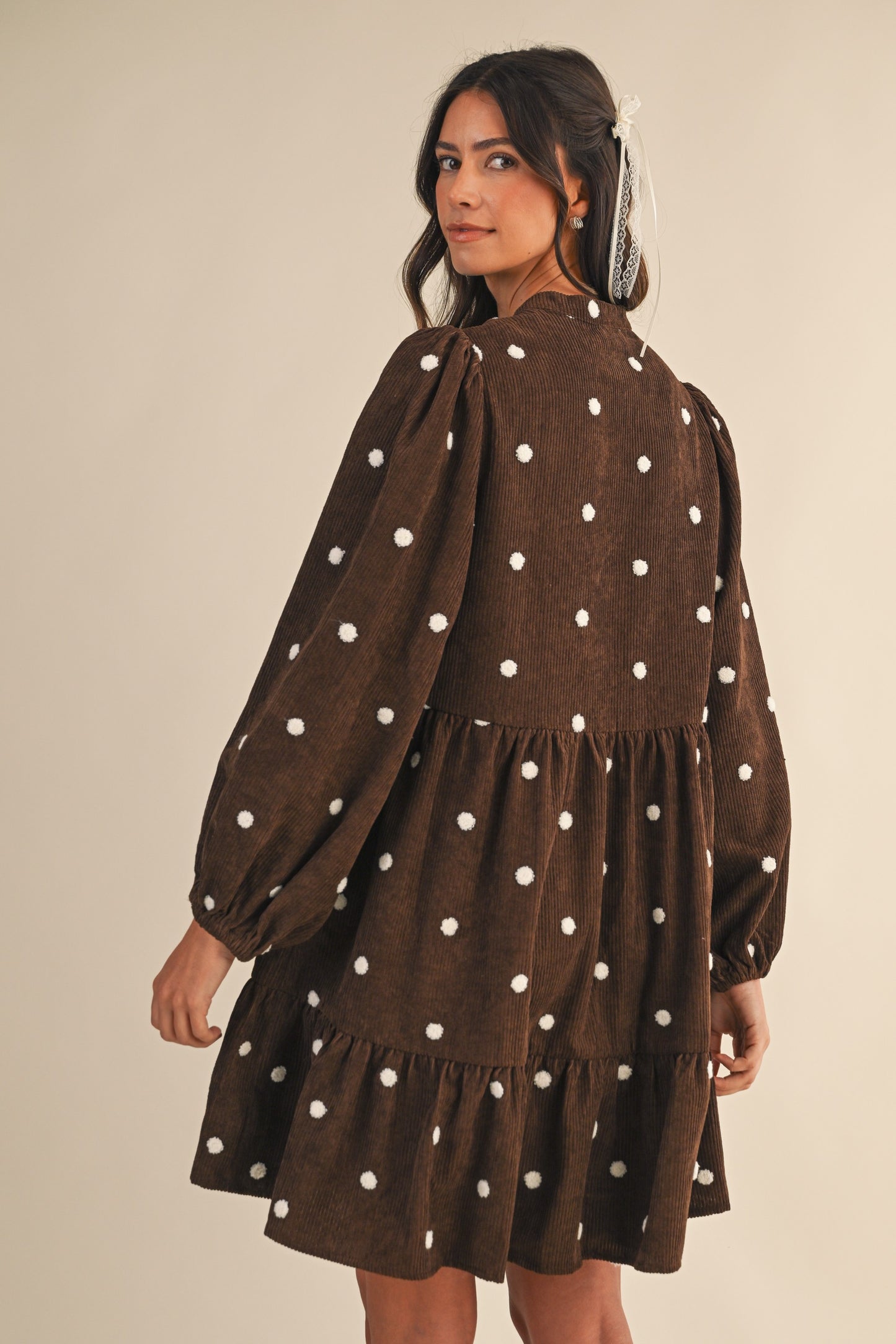 Penny Pom-pom Dot Corduroy Tiered Mini Dress