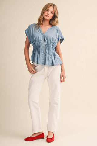 Lucy Pintuck Waist Button Down Top