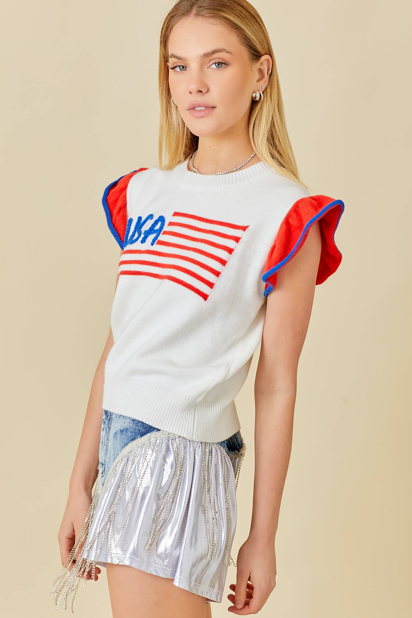 USA Flag Embroidered Sleevless Ruffle Sweater