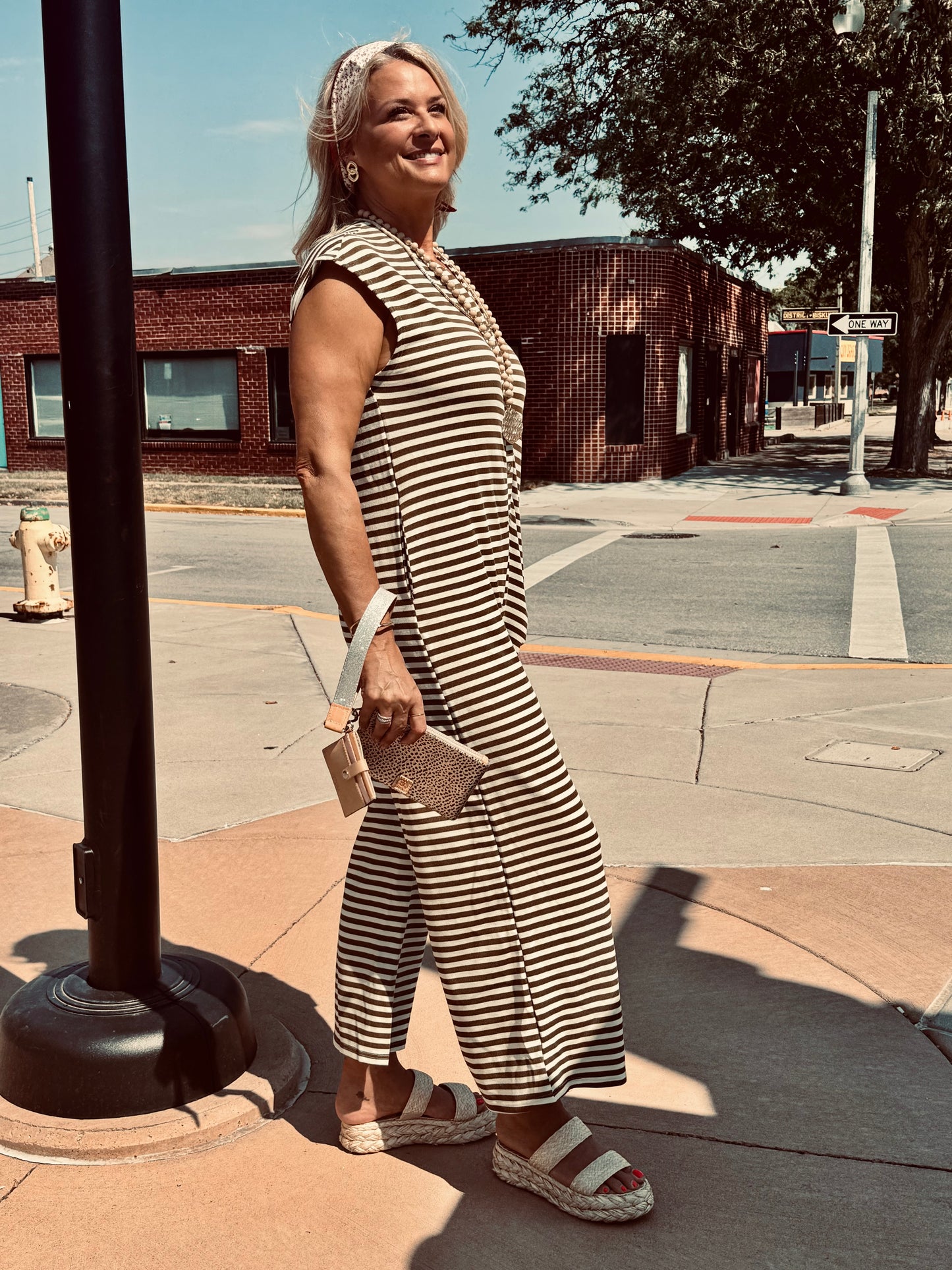 Khloe Knit Stripe Wide Leg Button Down Jumpsuit