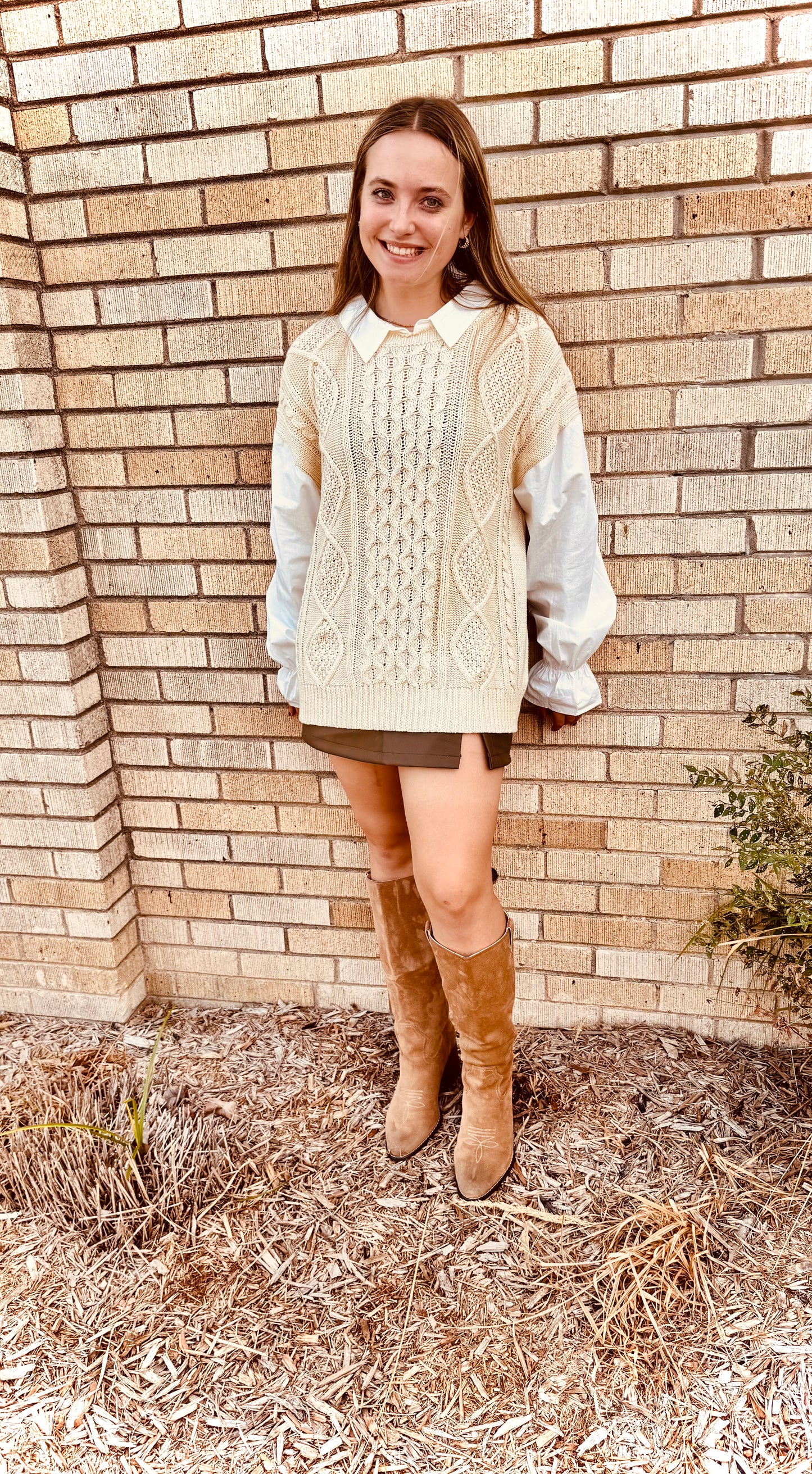 Cara Collared Cable Knit & Shirt Mix Top