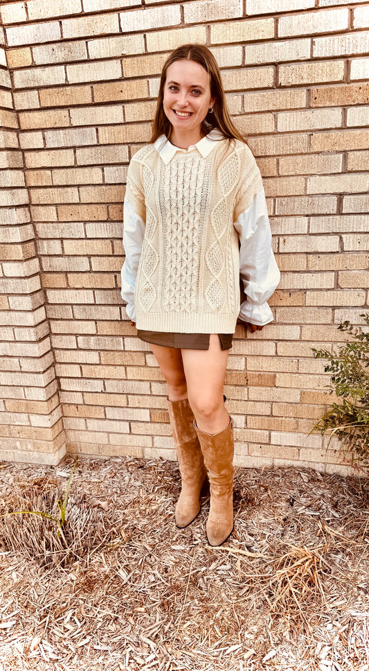 Cara Collared Cable Knit & Shirt Mix Top