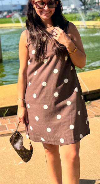Mocha Latte Linen Polka Dot Mini Dress