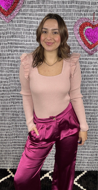 Square Neck Ruffle Ribbed Top