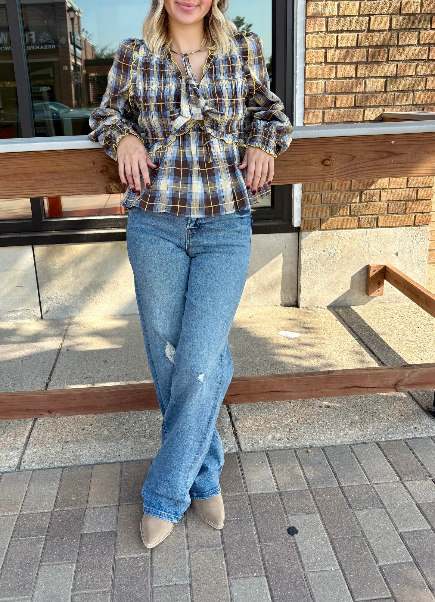 Penelope Smocked Plaid Bow Blouse