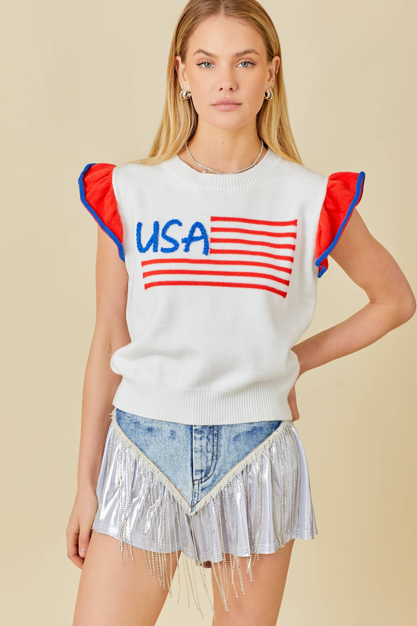 USA Flag Embroidered Sleevless Ruffle Sweater