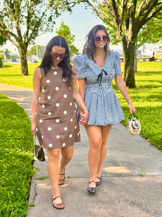 Mocha Latte Linen Polka Dot Mini Dress