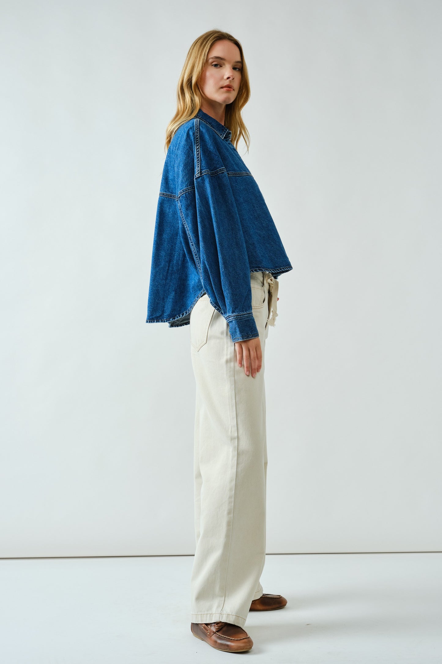 Ben Ballon Shoulder Denim Button Up