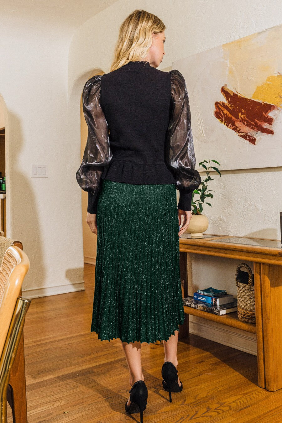 Faith Pleated Metallic Knit Midi Skirt