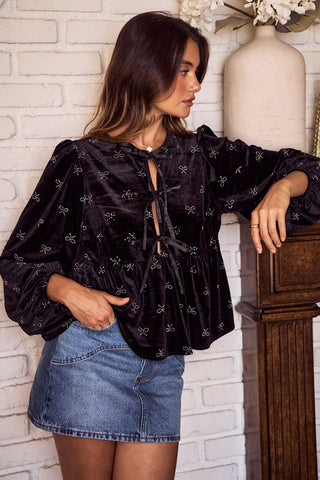 Tina Bow Tie Velvet Top