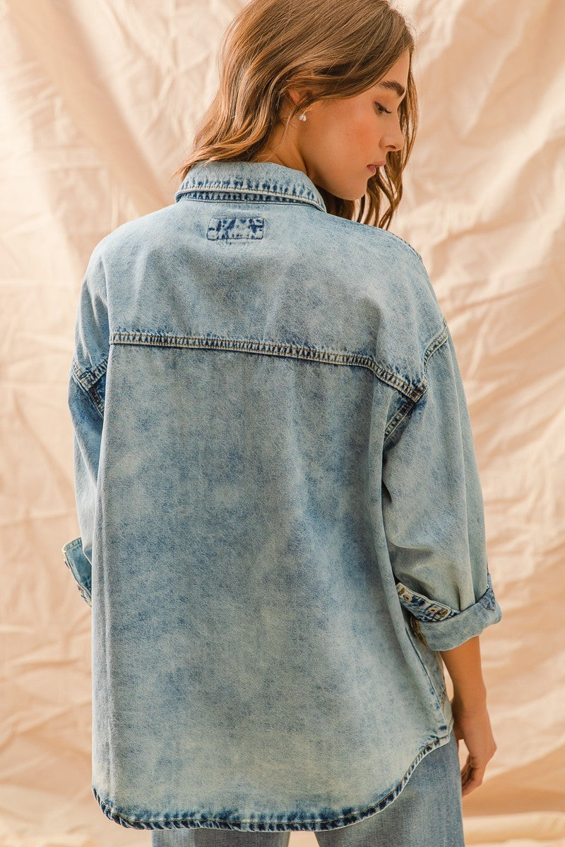 Willie Washed Denim Button Down Shirt Top