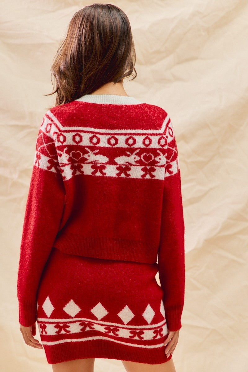Ginger Christmas Sweater Cardigan Tops And Skirt