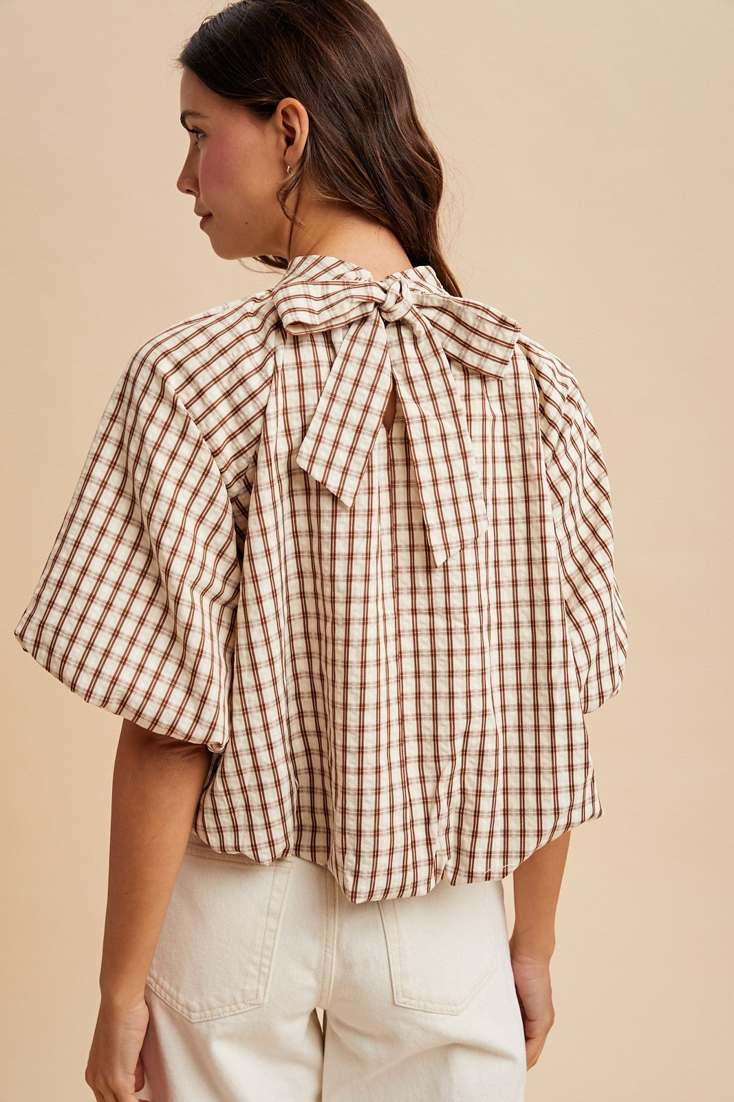 Chesney Checker Back Bow Detail Bubble Blouse